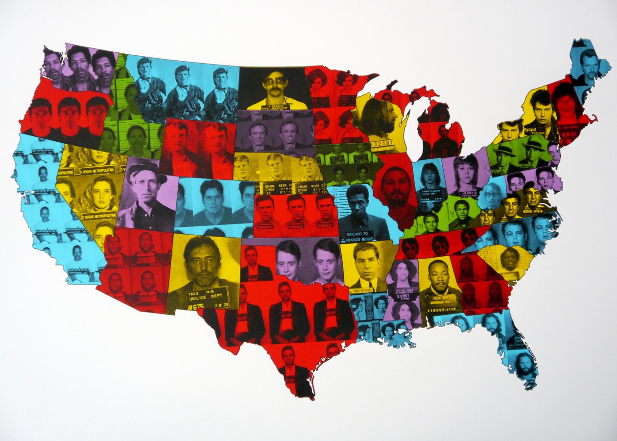 Celebrity Arrest Map (giclee og silketryk på papir) af David Studwell
