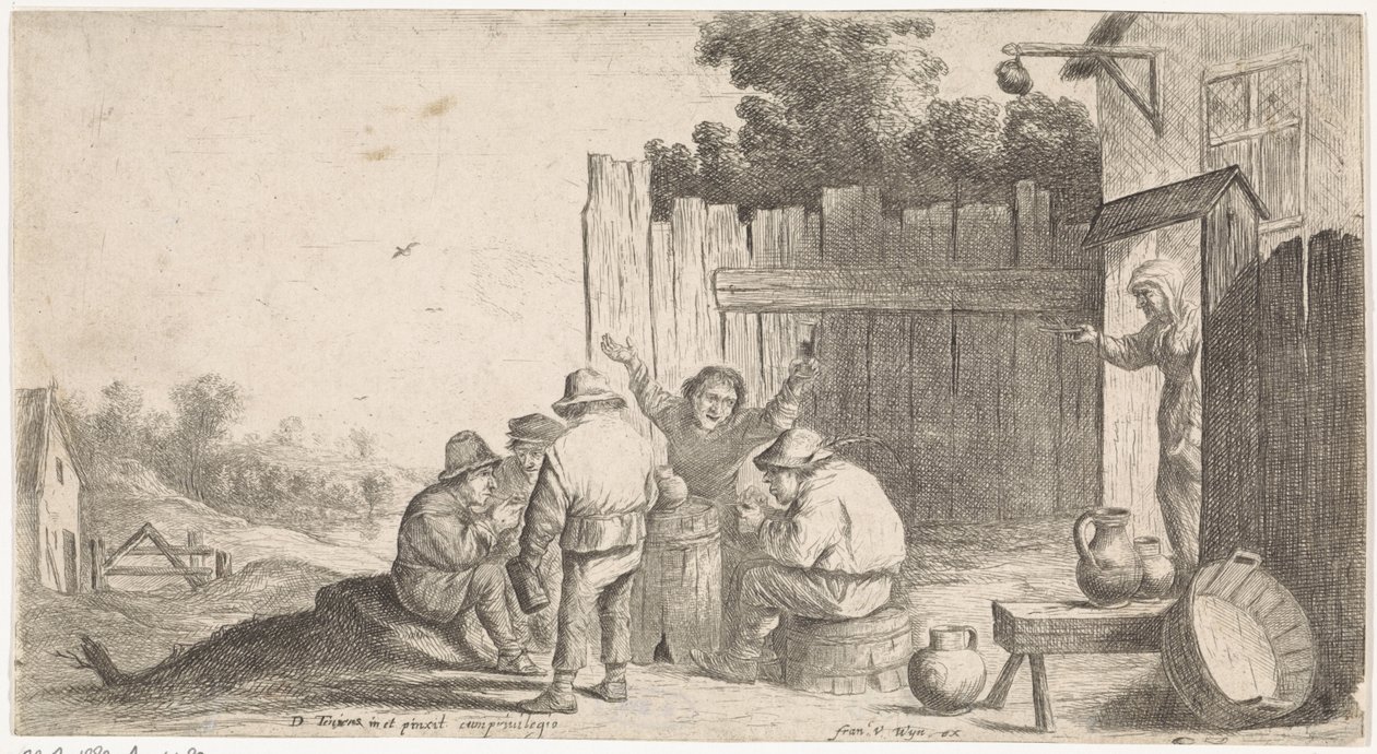 Fem landmænd omkring et ton Open-air genrescener (serietitel) af David Teniers (II) (attributed to workshop of)