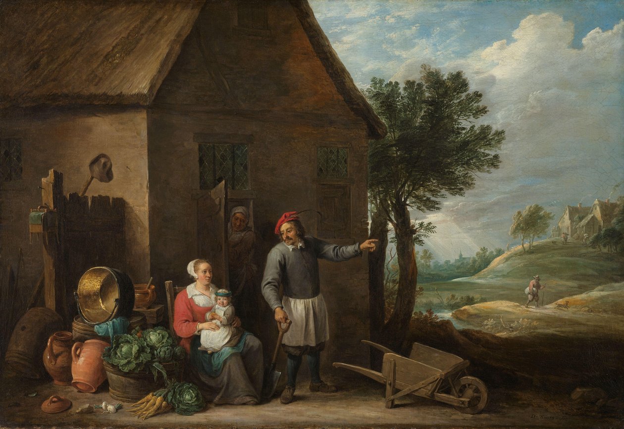 Mand ved en hyttedør med en siddende kvinde og barn af David Teniers (II)