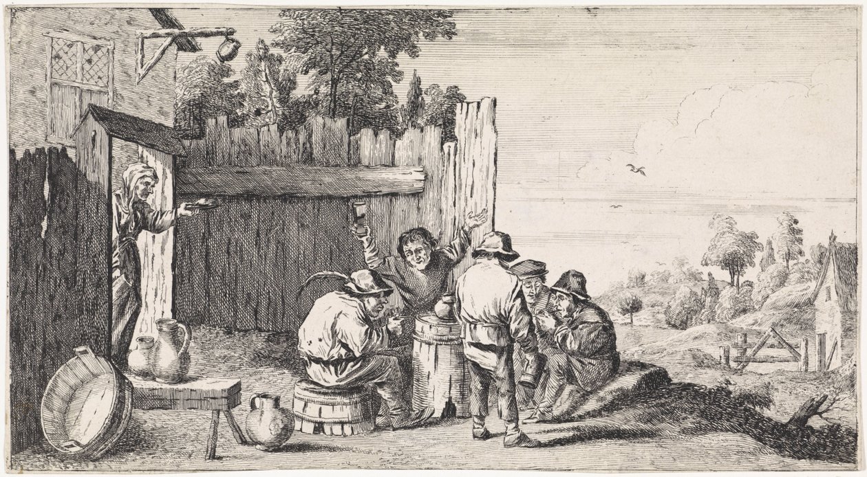 Fem landmænd omkring et ton Open-air genrescener (serietitel) af David Teniers (II)