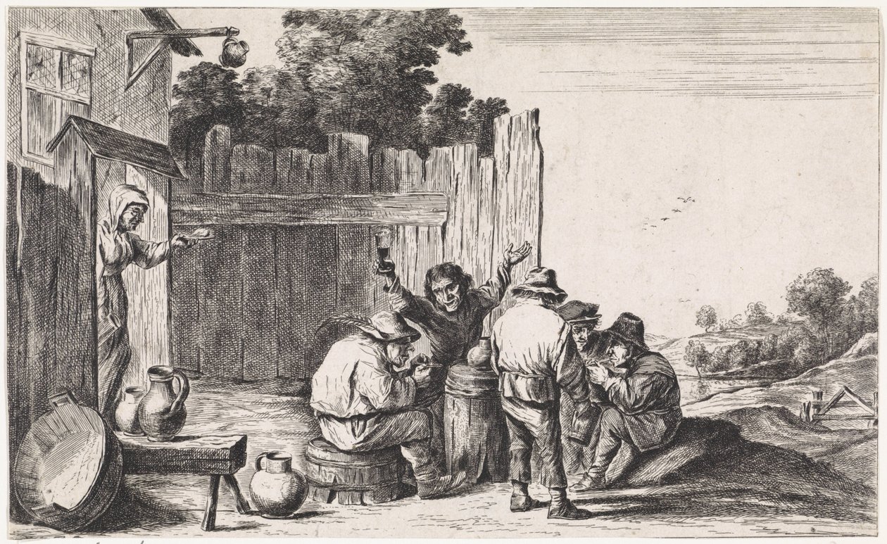 Fem landmænd omkring et ton Open-air genrescener (serietitel) af David Teniers (II)