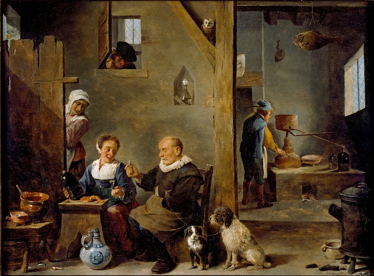 Et destilleri med en ældre mand, der køber gin af en kvinde, c1640-1649 af David Teniers II