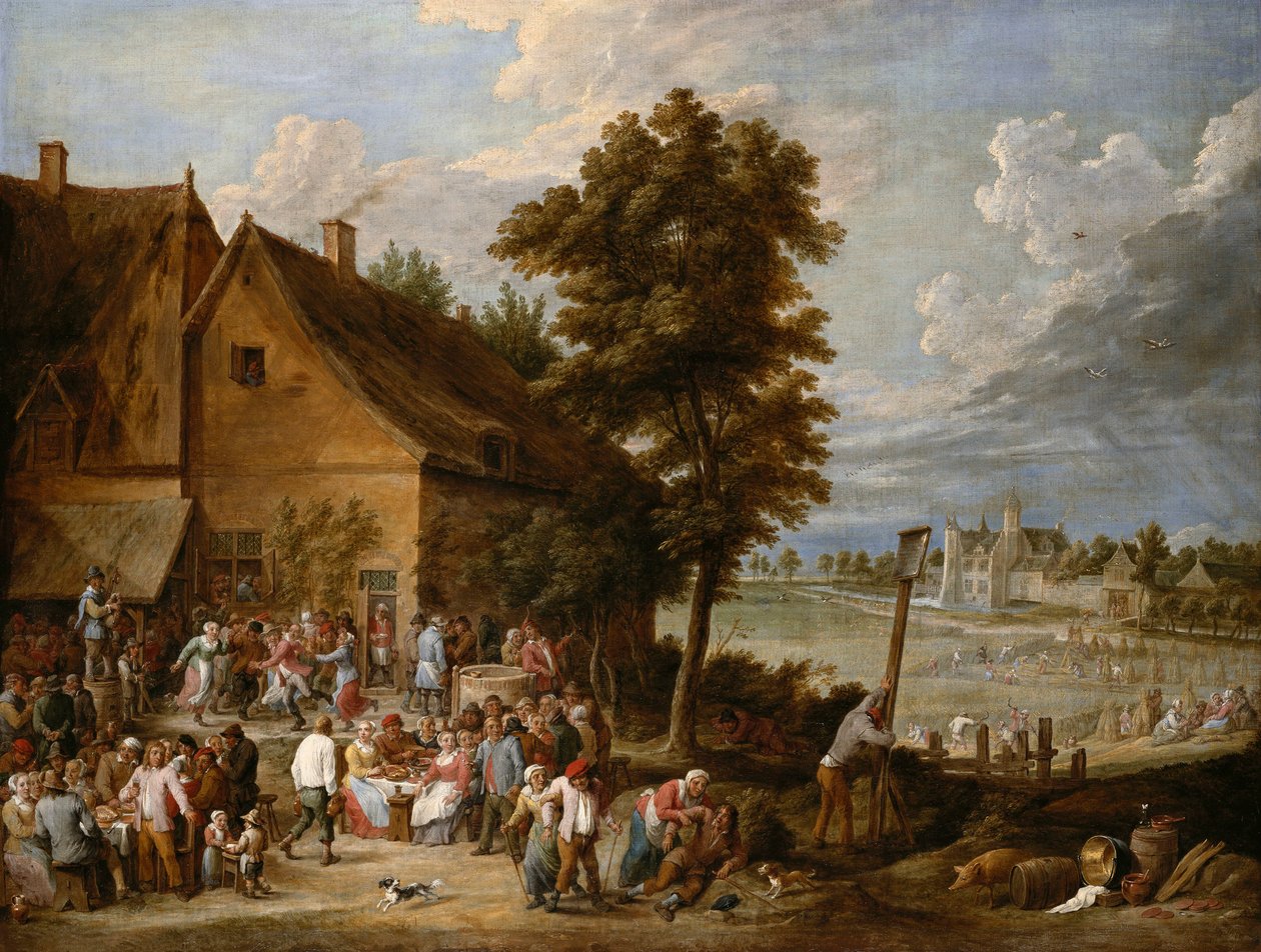 Et festmåltid ved høsttid med Drij Torens hus i baggrunden af David Teniers the Younger