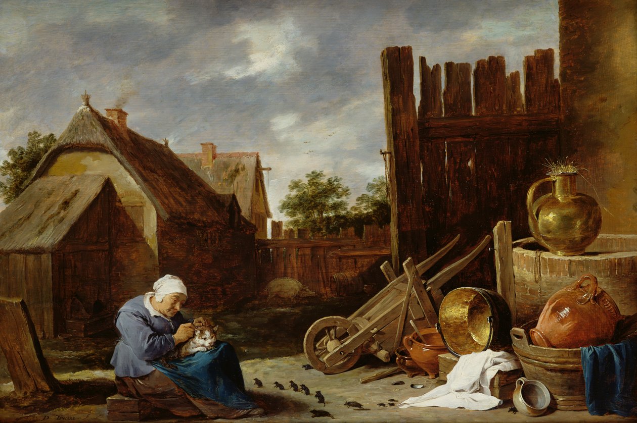En kat passet af en gammel kvinde af David Teniers the Younger