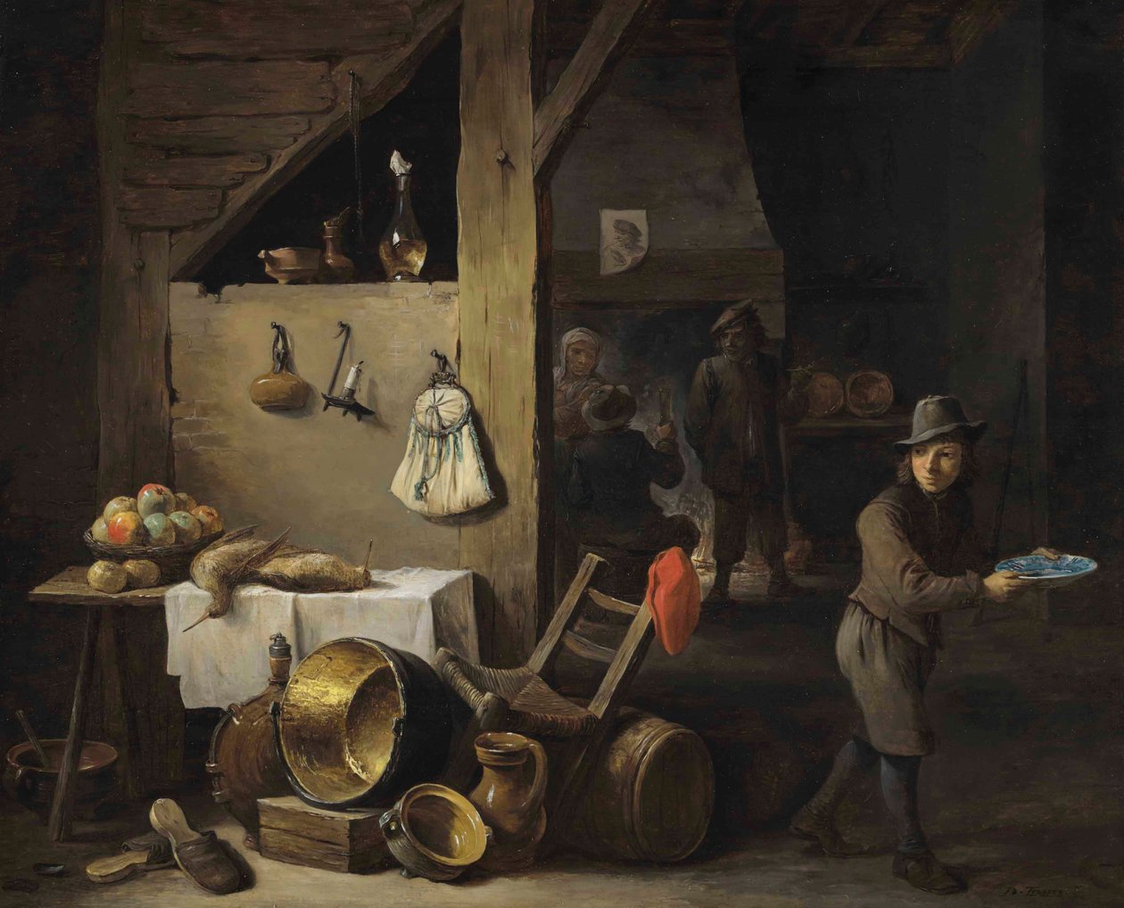 Et køkkeninteriør med en ung dreng og tre personer, der drikker og ryger af David Teniers the Younger