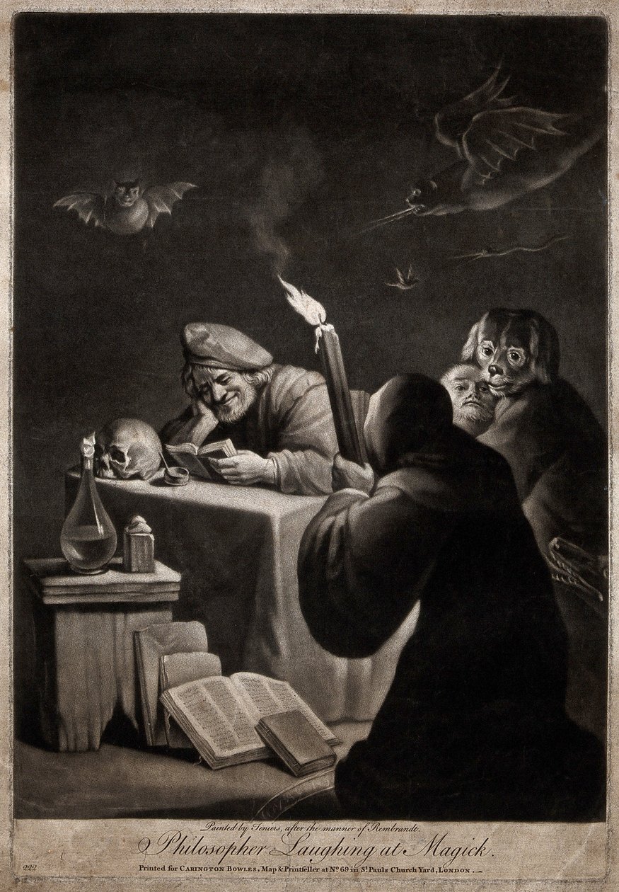 En mand læser en bog og smiler; ved siden af ham en hætteklædt mand, der knæler af David Teniers the Younger