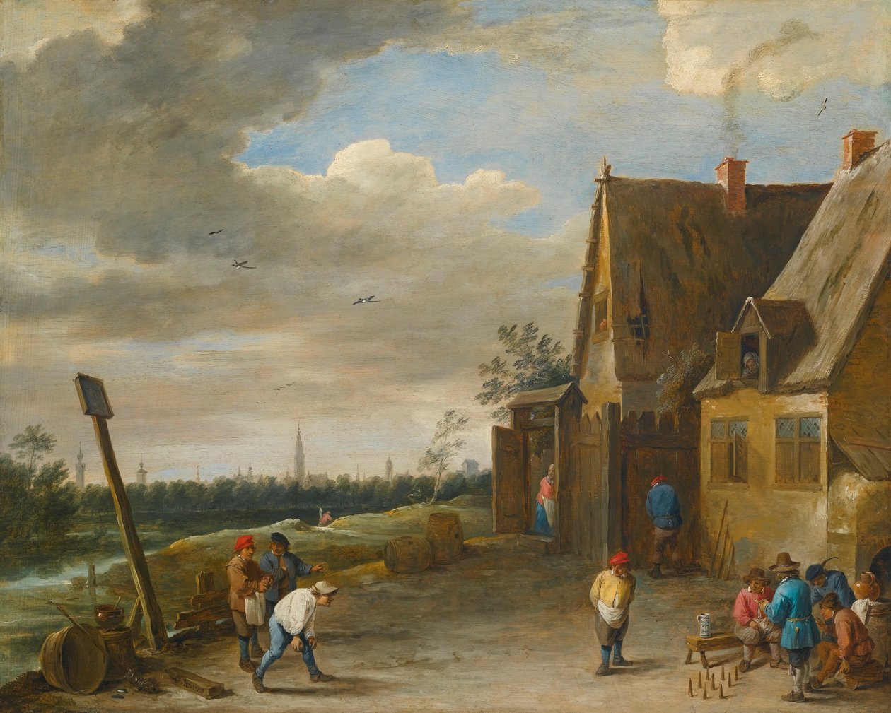 Spil med ni kegler med udsigt over Antwerpen af David Teniers the Younger