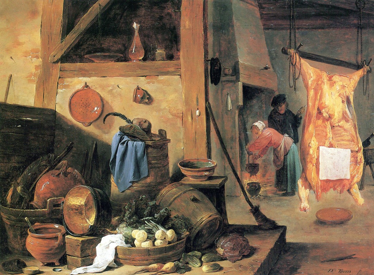 Køkkeninteriør med stilleben og slagtet okse af David Teniers the Younger