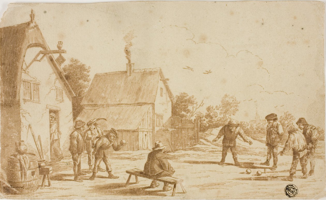 Mænd spiller boule uden for værtshus af David Teniers the Younger