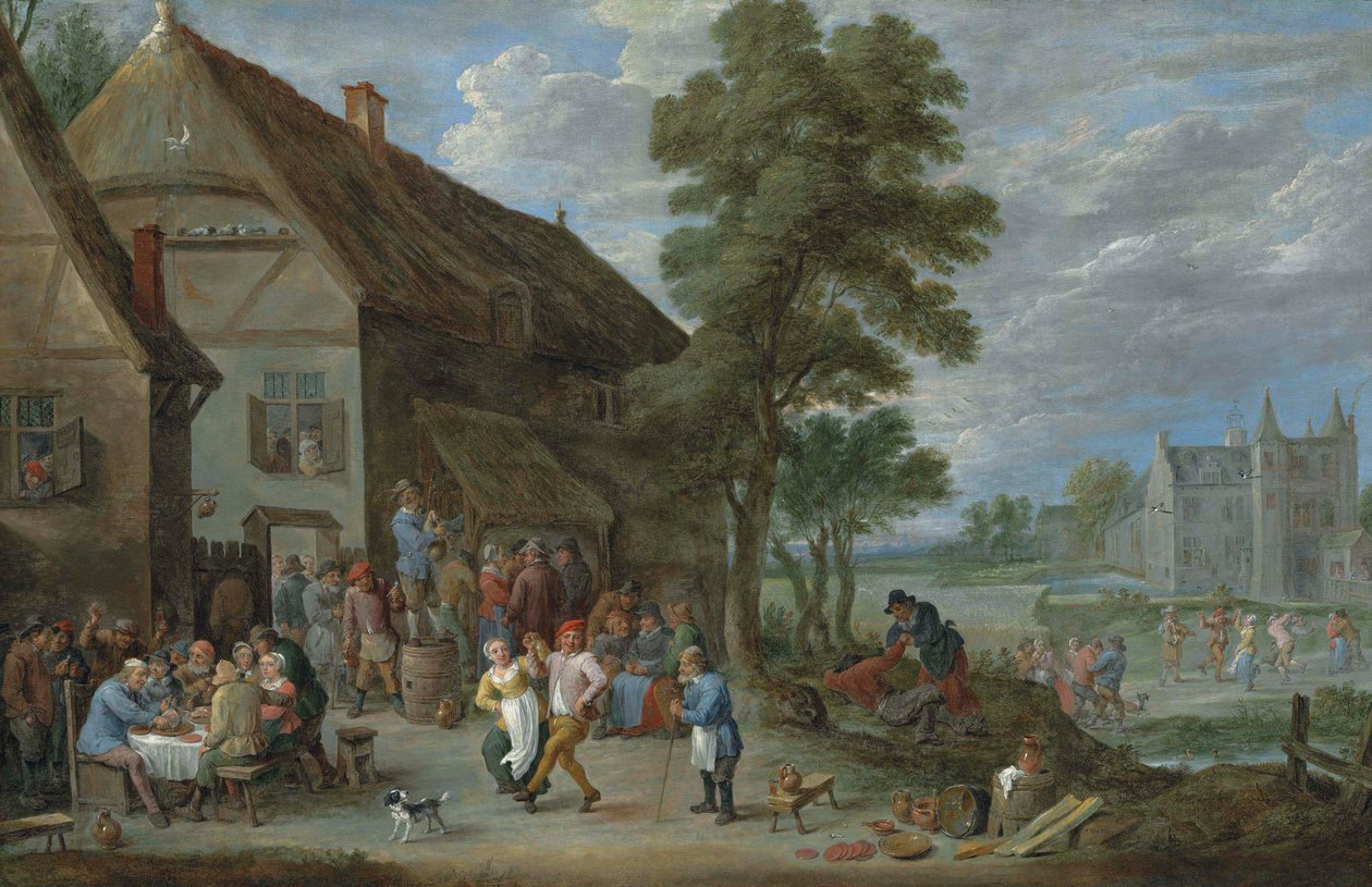 Bønder danser uden for en kro i Perck, med Kasteel de Drij Toren bagved af David Teniers the Younger