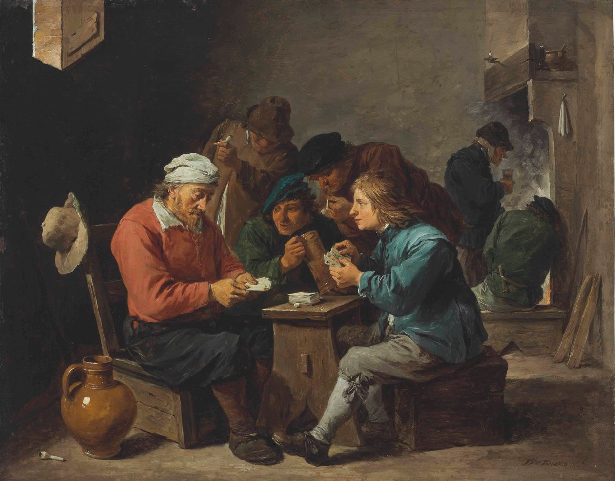 Bønder spiller kort i et interiør af David Teniers the Younger