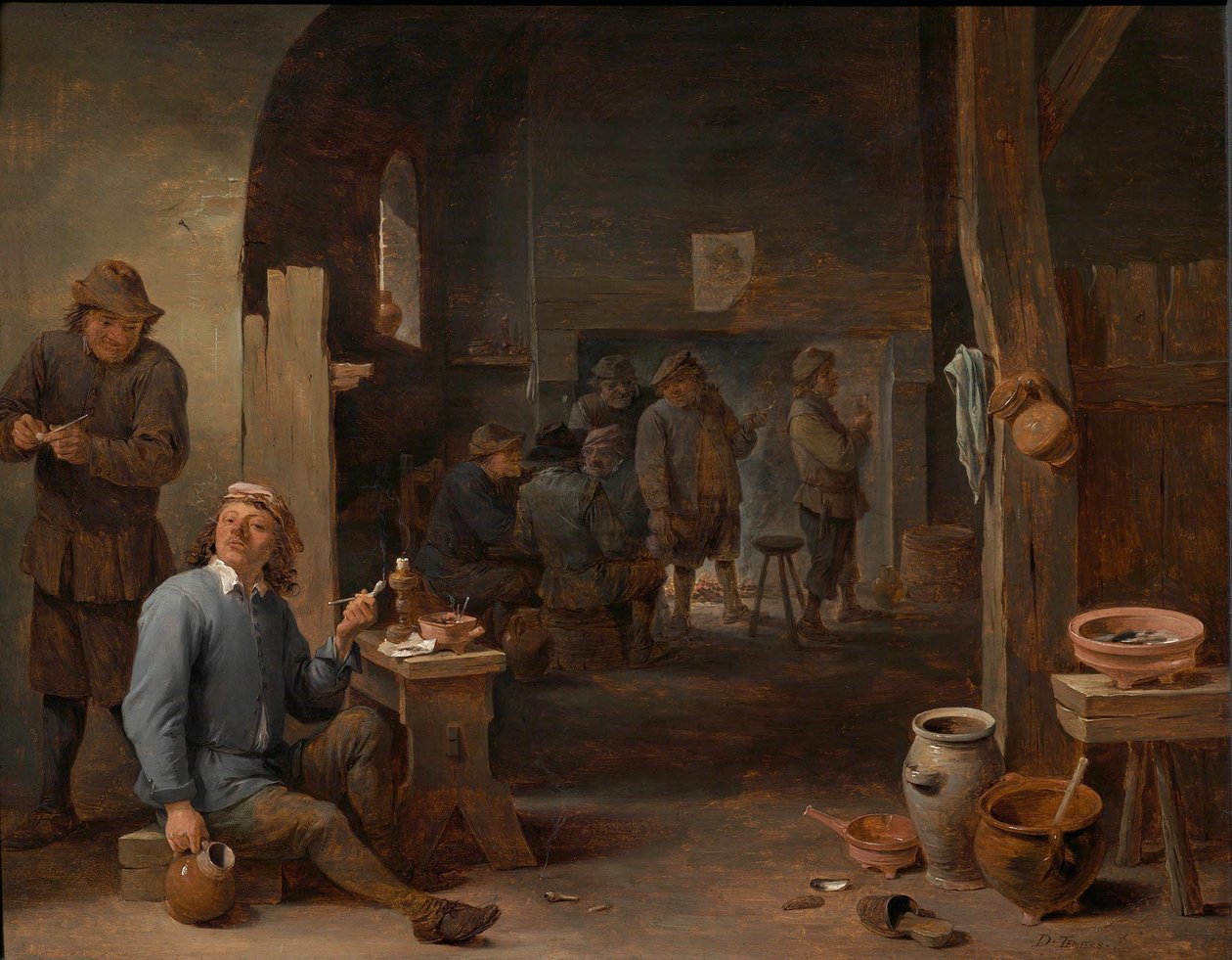 Interiøret i en kro med bønder, der ryger ved et bord og taler sammen foran et bål af David Teniers the Younger