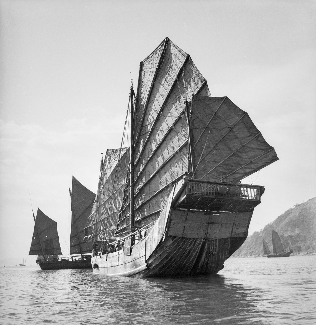 Et bagbordsbillede af Yeungkong fisher type junk med havnenummeret 227HA under sejl i Aberdeen, Hong Kong. af David Watkin Waters