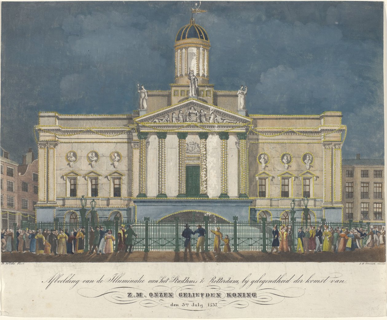 Billede af Illuminati fra Rådhuset i Rotterdam, i anledning af ankomsten af ​​H.M. vores elskede konge den 3. juli 1837 (titel på objekt) af David Welle