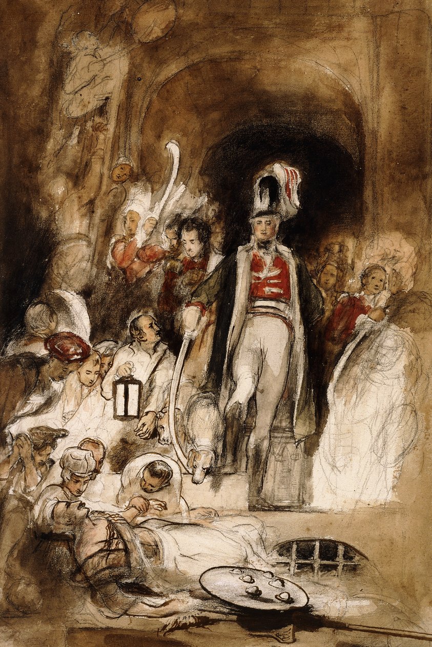 En undersøgelse for "Sir David Baird Discovering the Body of Tipu Sahib", 1838 af David Wilkie