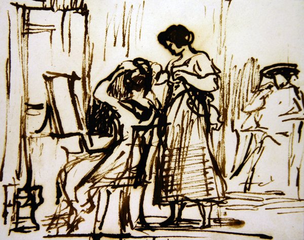 Et interiør med en kvinde, der klæder sit hår (blæk på papir) af David Wilkie