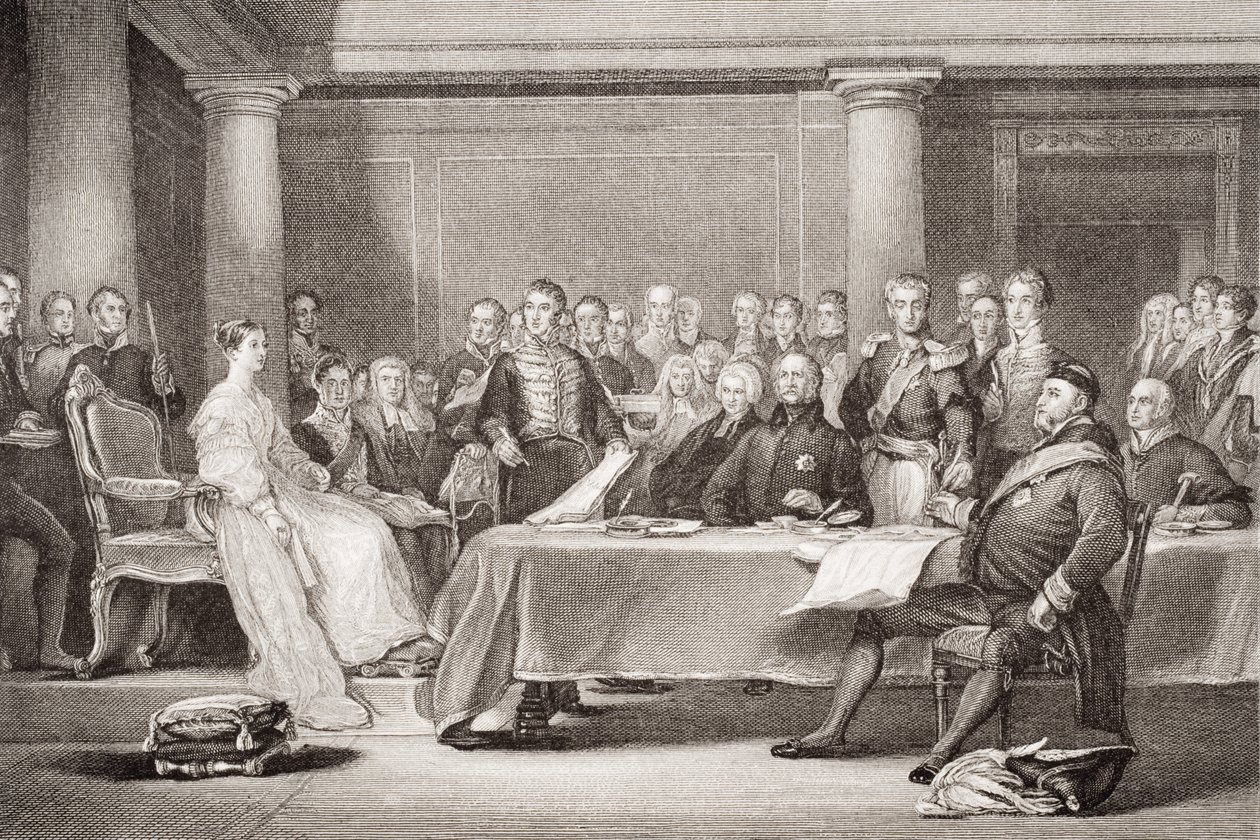 Dronning Victorias første råd, Kensington Palace, 21. juni 1837, fra `Illustrationer af engelsk og skotsk historie