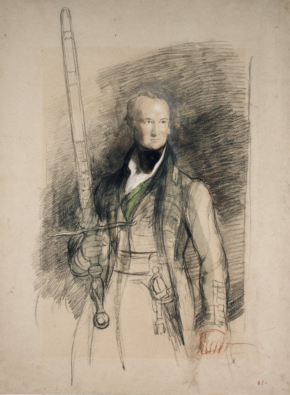 Jarlen af Morton med statssværdet, 1824 (sort og rødt kridt med wc og kropsfarve på gråligt papir) af David Wilkie