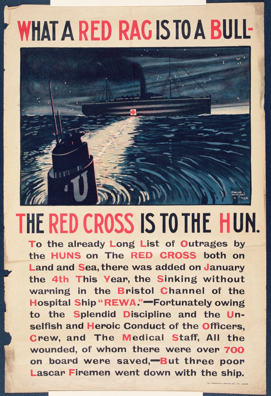 "Hvad en rød klud er for en tyr, er det røde kors for hunnerne", plakat fra Første Verdenskrig af David Wilson