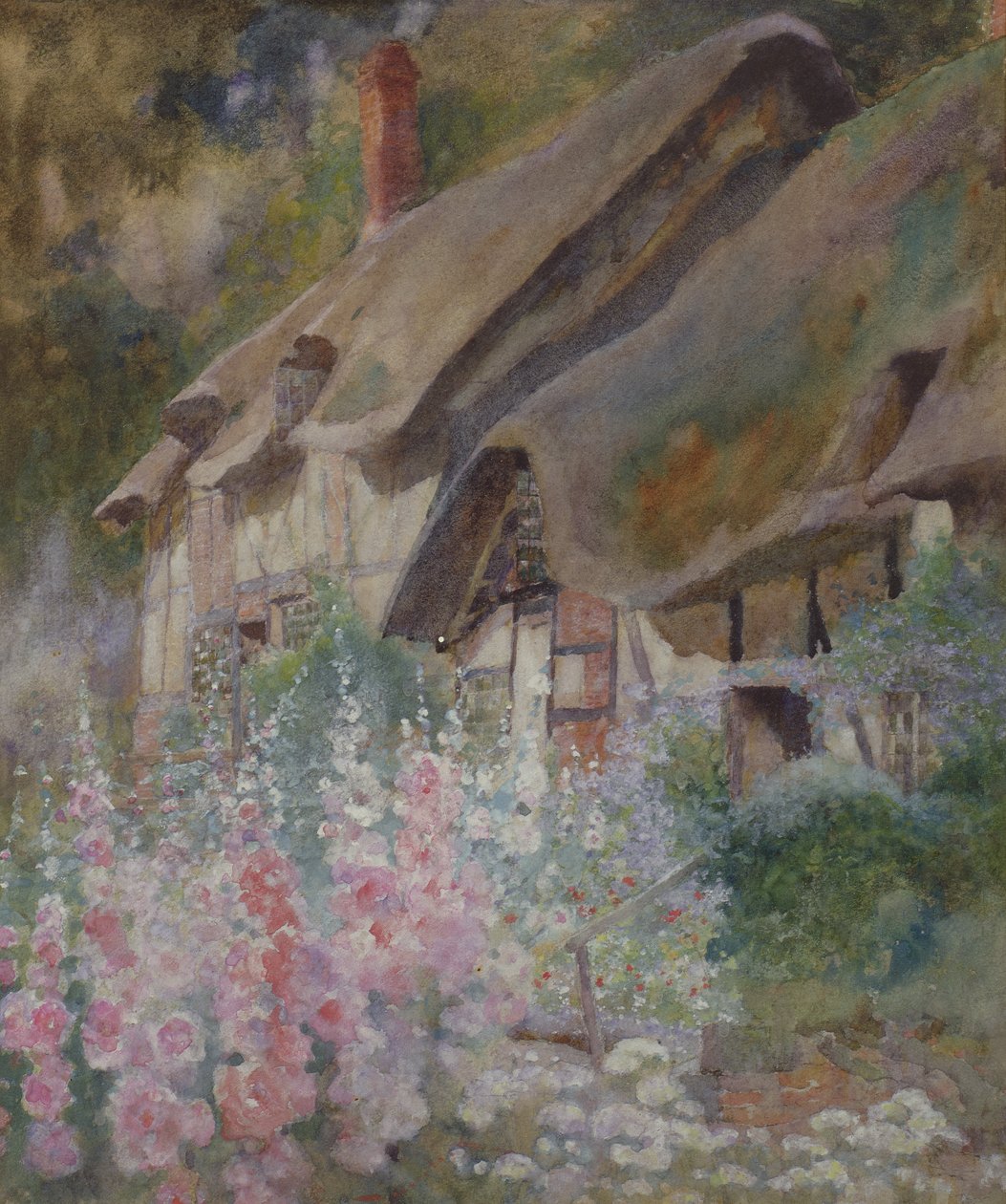 Anne Hathaways Cottage (blyant & wc forhøjet med hvidt på papir) af David Woodlock