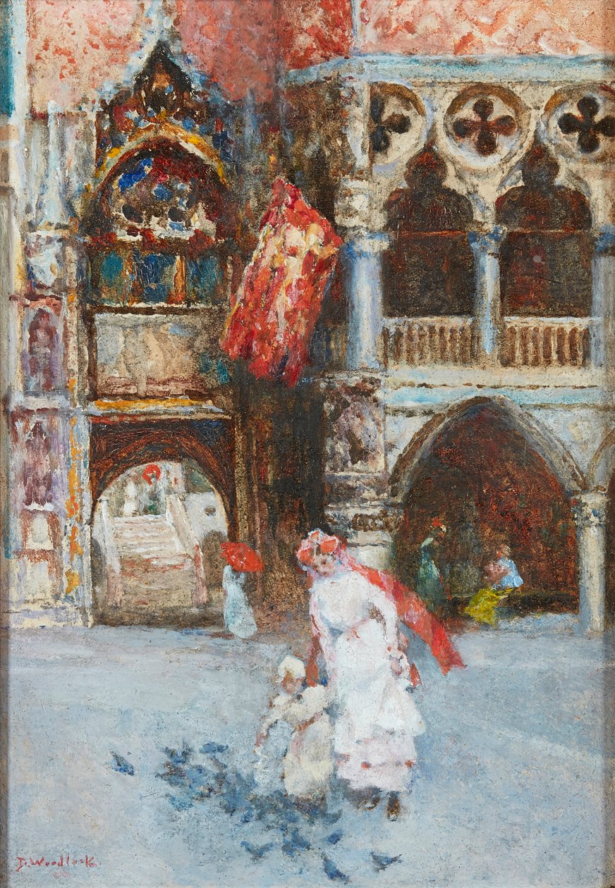 Feeding the Pigeons, Markuspladsen, Venedig (olie på pap) af David Woodlock