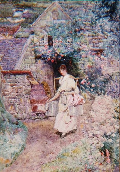 The Milkmaid, or An Old Surrey Cottage (akvarel) af David Woodlock