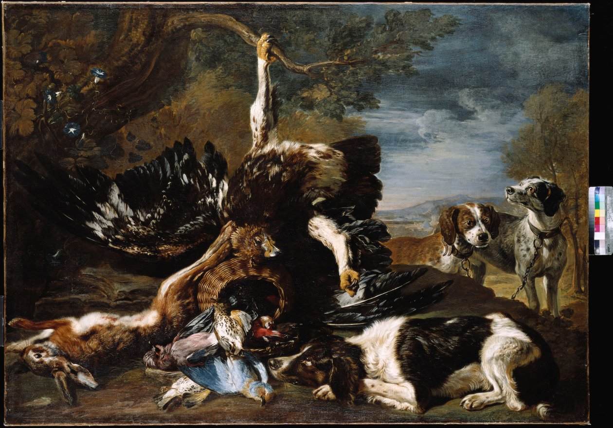 En spaniel, en ørn, en hare og en flettet kurv med en jay, finker og andre fugle overset af to hunde, et bjergrigt landskab hinsides af David de Coninck