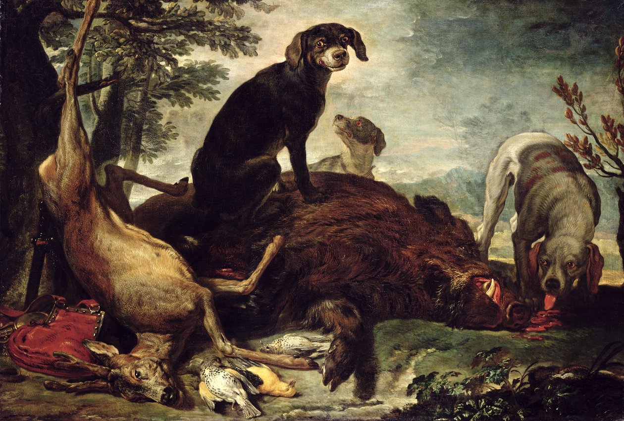 Hunde med dræbte vildsvin og hjorte, af David de Coninck