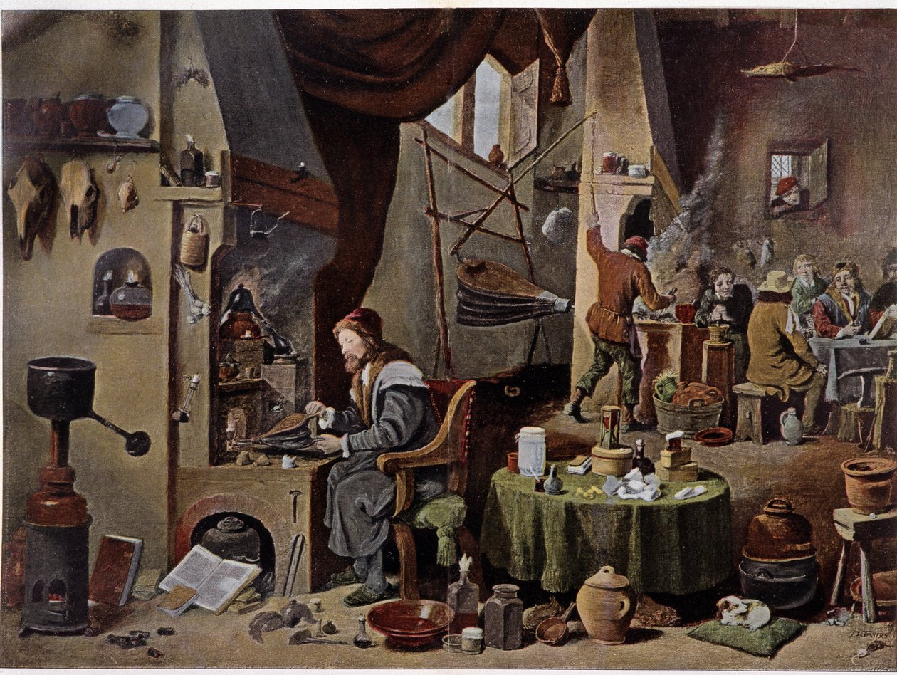 Et alkymistlaboratorium i det 17. århundrede - ifølge maleriet af David Téniers den Yngre af David the Younger (after) Teniers