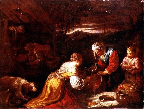 Bønder, der tilbereder mad uden for en hytte, med et vidtstrakt landskab bagved af David the Younger (attr. to) Teniers