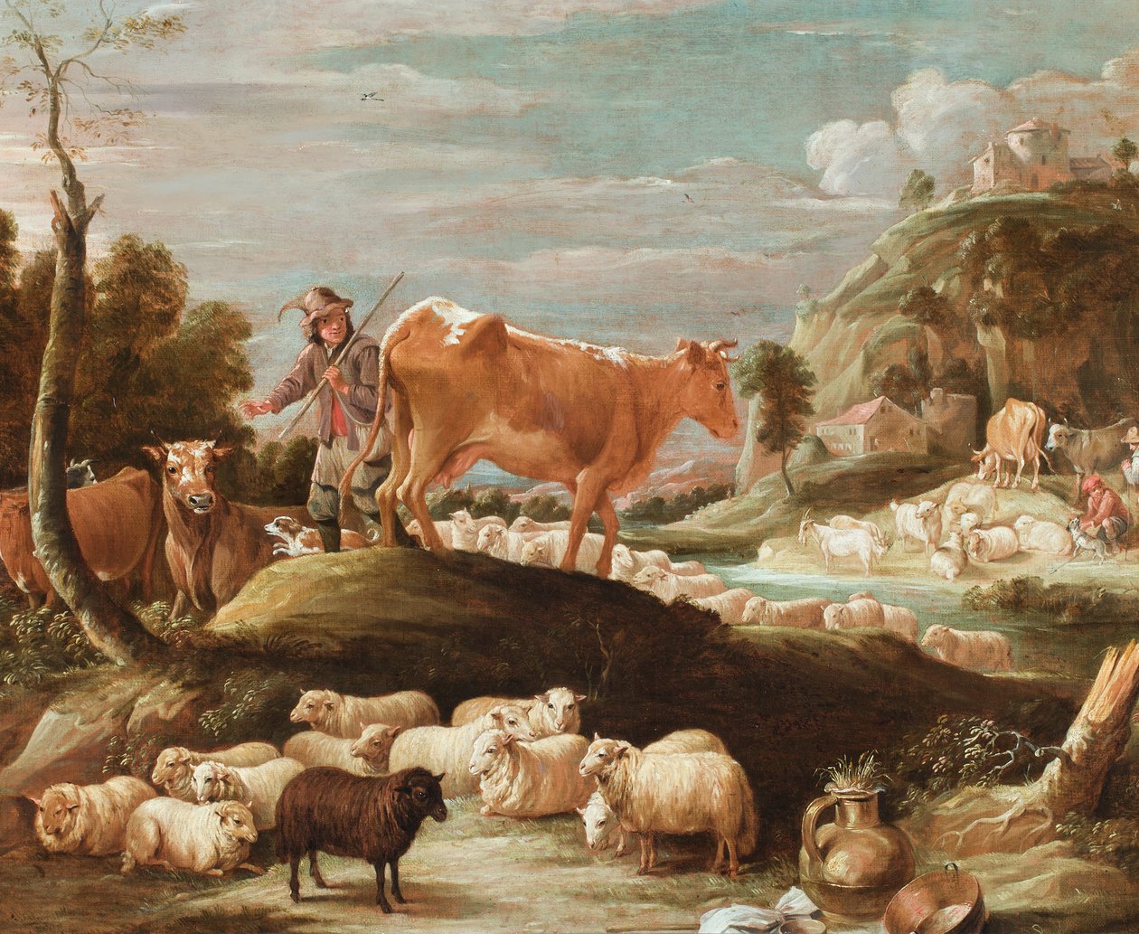 En hyrde med kvæg og får nær et vandløb (olie på lærred) af David the Younger (follower of) Teniers