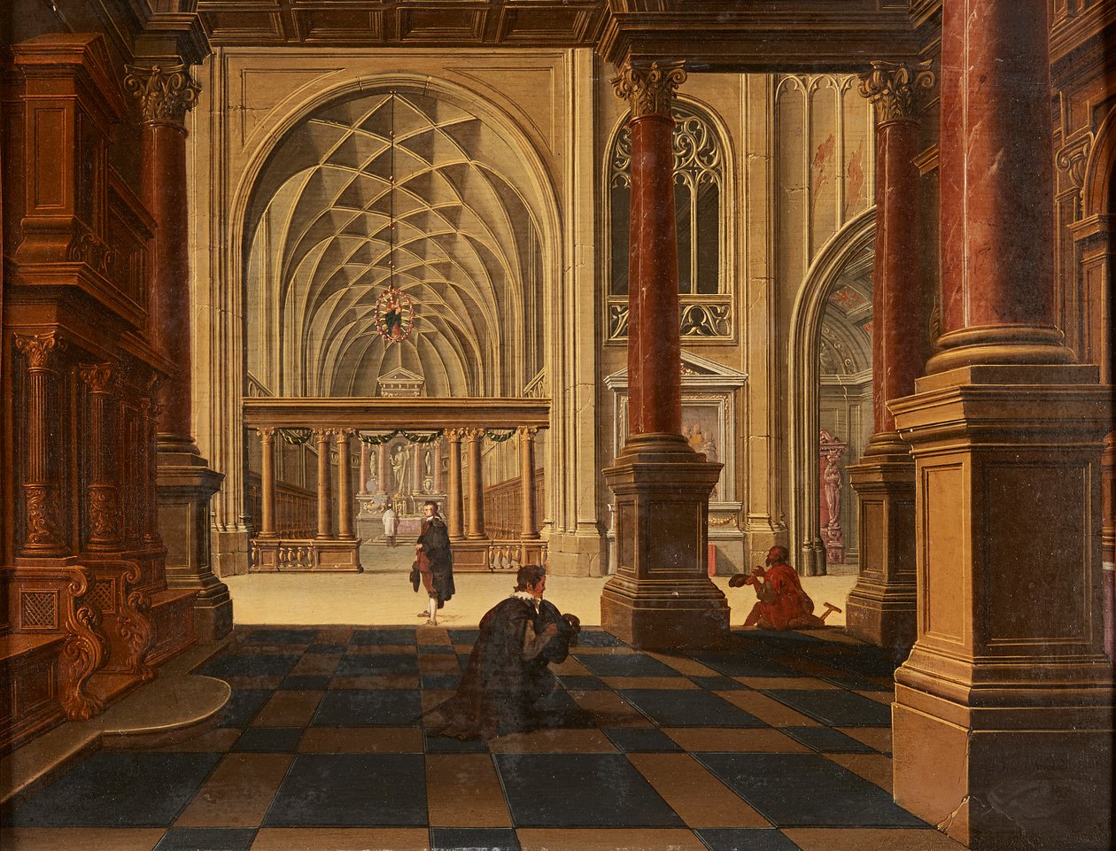 Figurer, der samtaler på en sti, slottets ruiner hinsides (olie på panel) af David the Younger (follower of) Teniers
