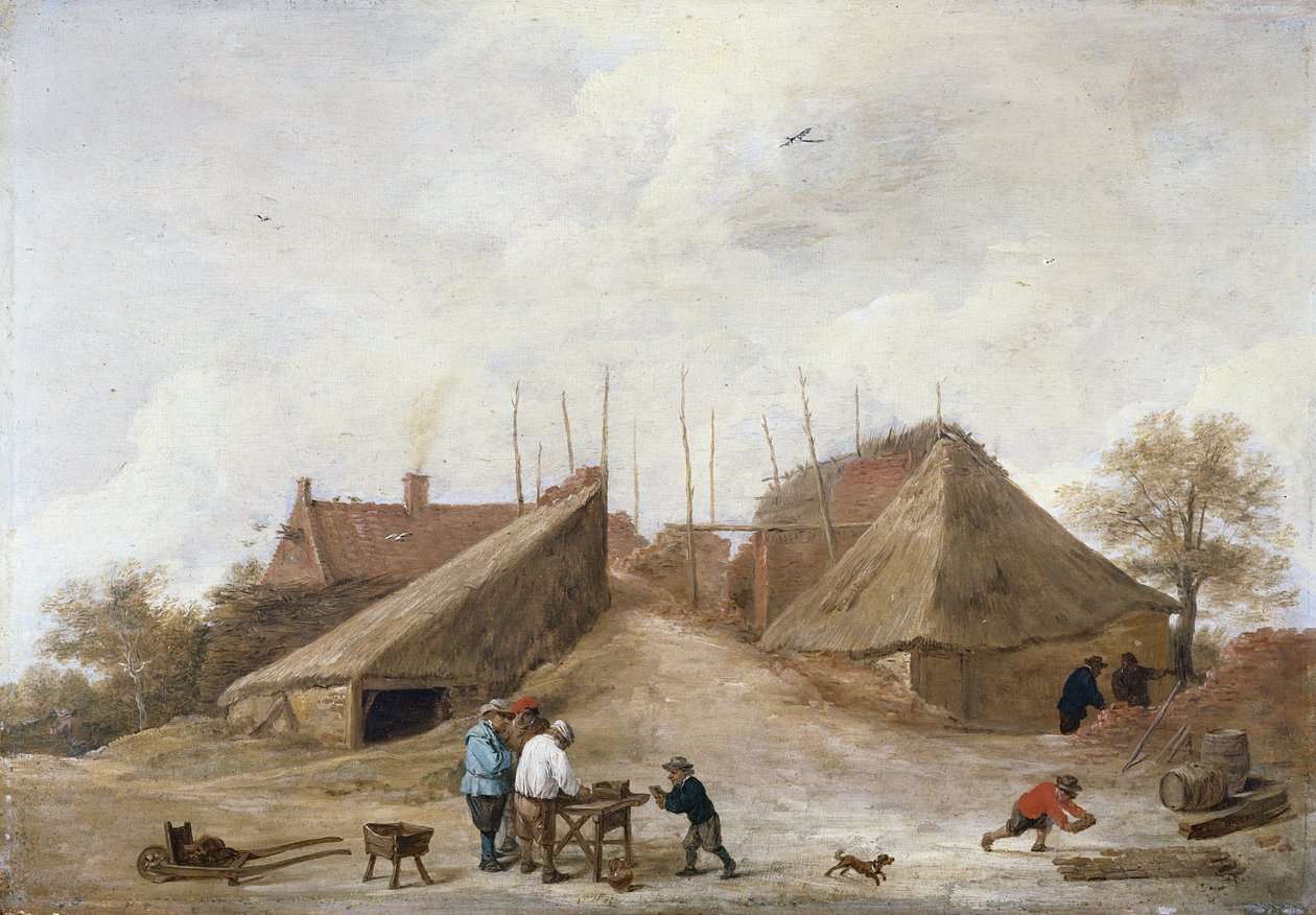 En gård med figurer rundt om et bord af David Teniers the Younger