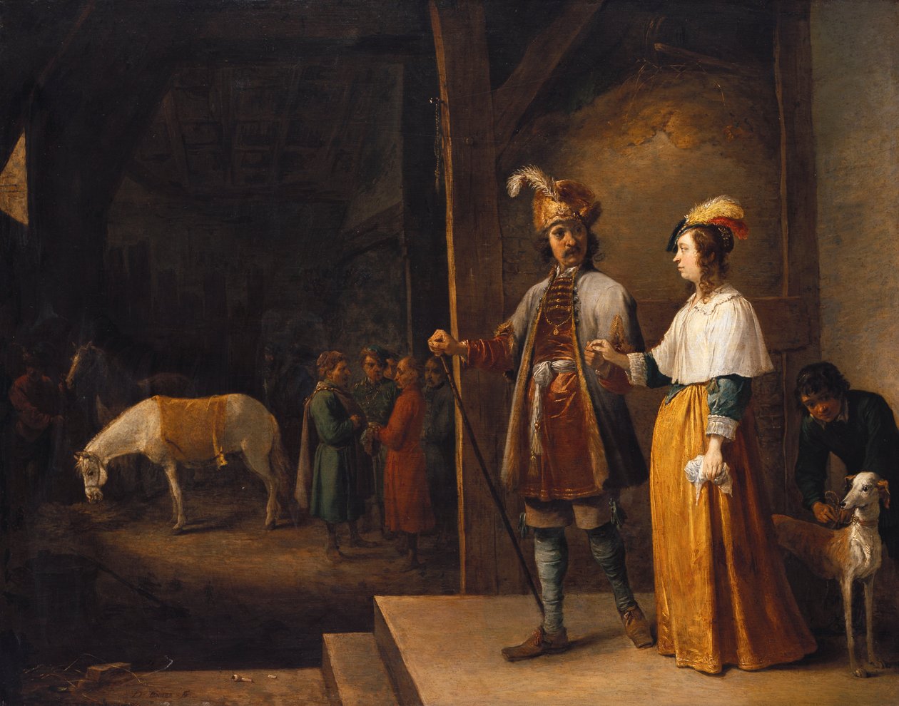En dame og en herre på vej ind i en stald af David Teniers the Younger