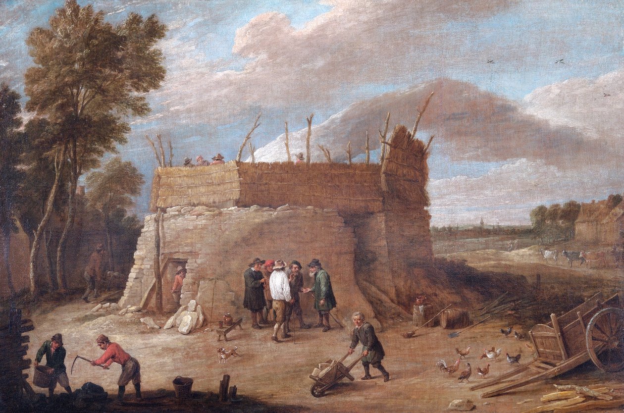 En kalkovn med figurer (olie på lærred) af David Teniers the Younger