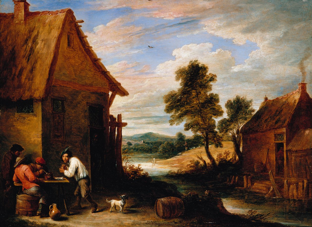 Et flodlandskab med bønder uden for et værtshus af David Teniers the Younger