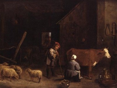 En hyrdedreng taler med en mælkepige i en kostald af David Teniers the Younger