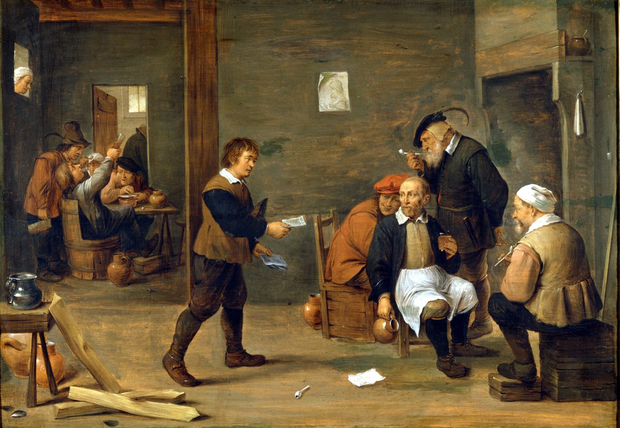 En gruppe mænd varmer op foran en skorsten. Maleri af David Teniers dit Le Jeune (1610 - 1690) Milano, Museo del castello. af David Teniers the Younger