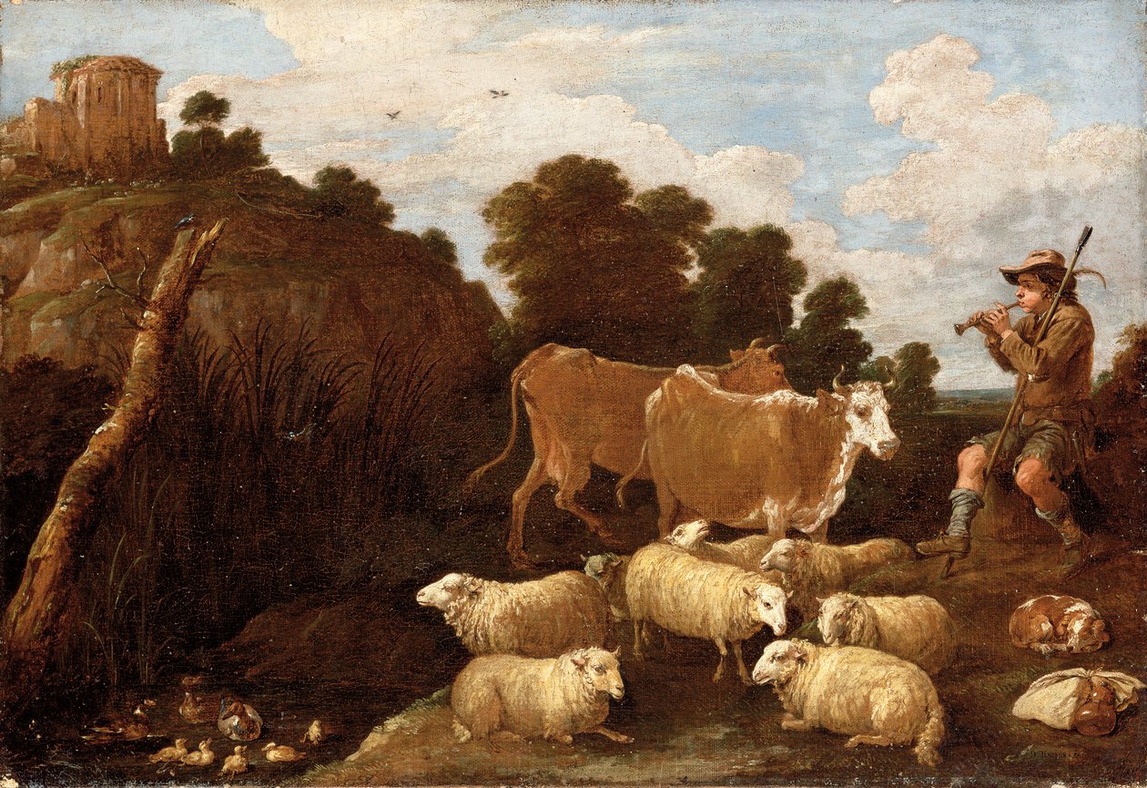 Et flodlandskab med en hyrde, der spiller en pibe med klassiske ruiner på en bakketop bagved af David Teniers the Younger
