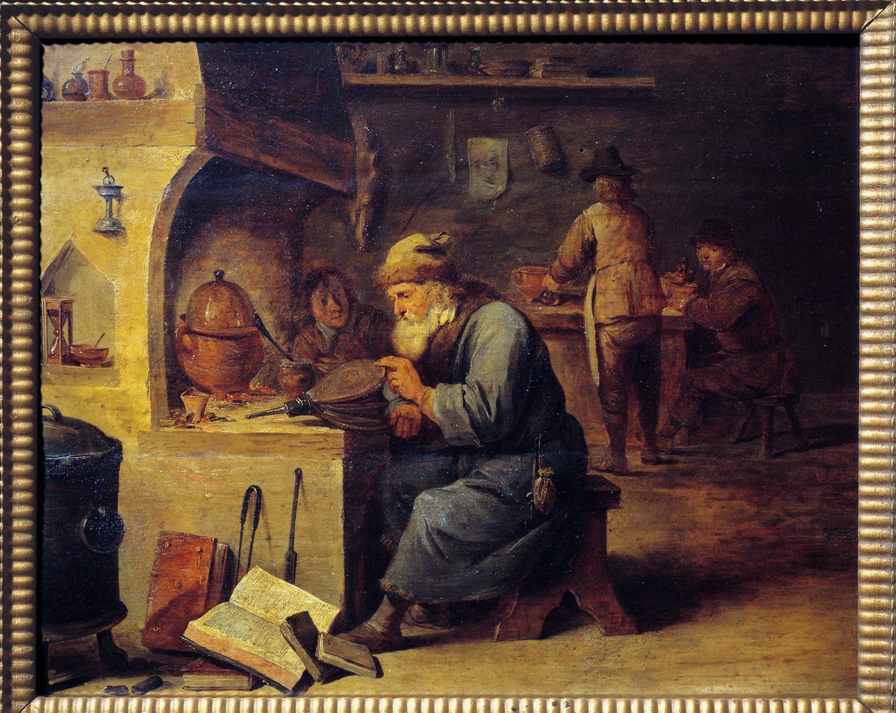 En alkymist. Maleri af David Teniers II kaldet David Le Jeune (1610 - 1690), Ec. Flamme af David Teniers the Younger