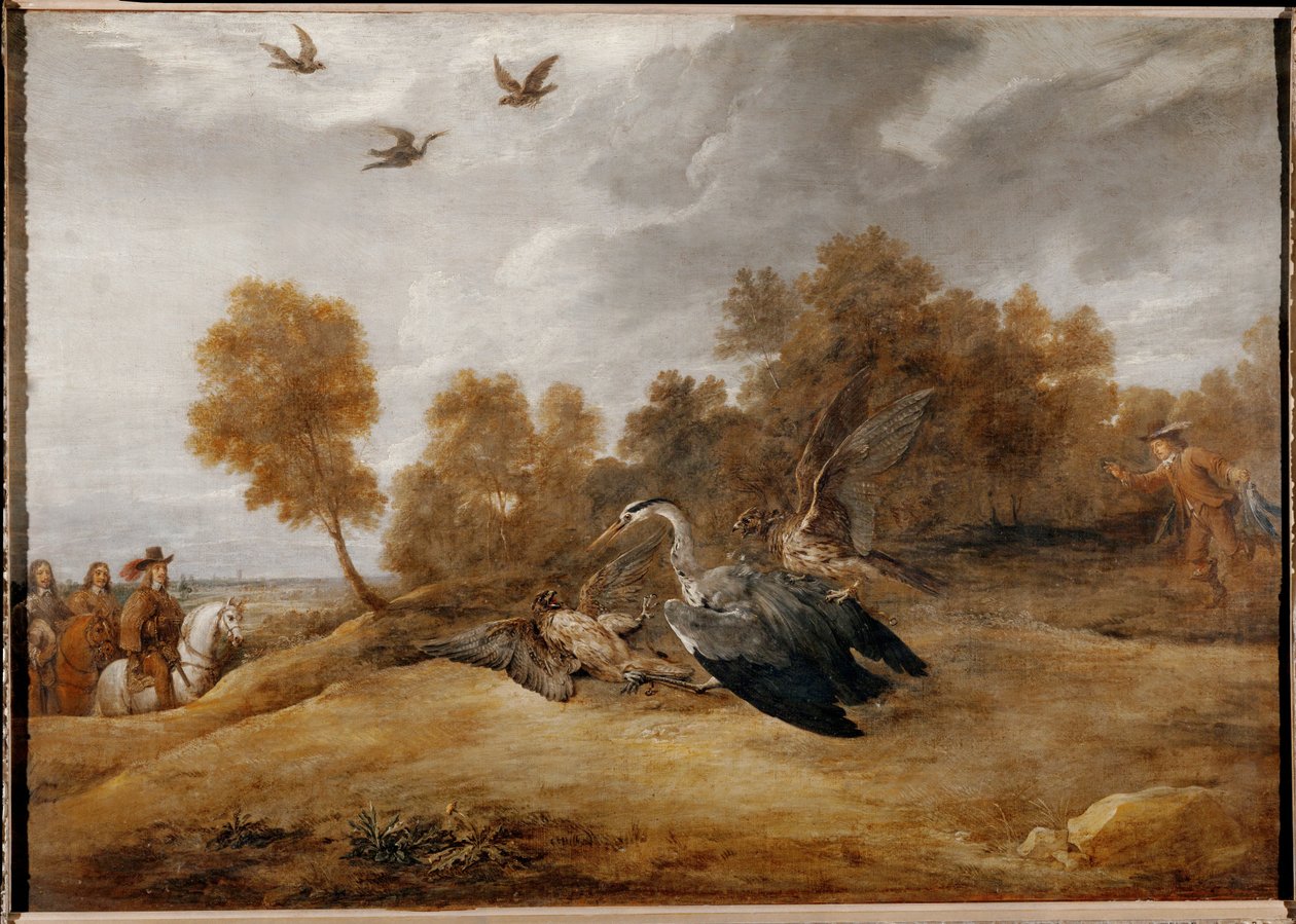 Ærkehertug Leopold Wilhelm jager hejrer med falke ... af David the Younger Teniers