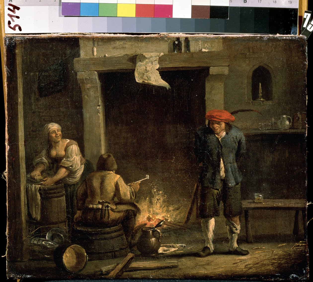 Foran ildstedet (Ved ovnen). Maleri af David Teniers den yngre (1610-1690). Olie på træ, 32 x 53 cm af David Teniers the Younger