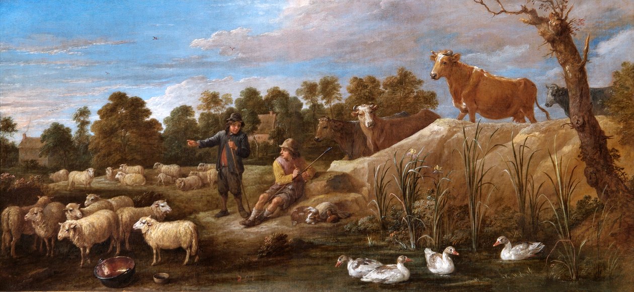 Landskab med to hyrder, kvæg og ænder (olie på lærred) af David Teniers the Younger