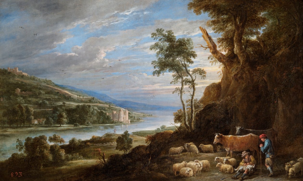 Landskab med hyrder og en fjern udsigt over et slot (olie på lærred) af David Teniers the Younger
