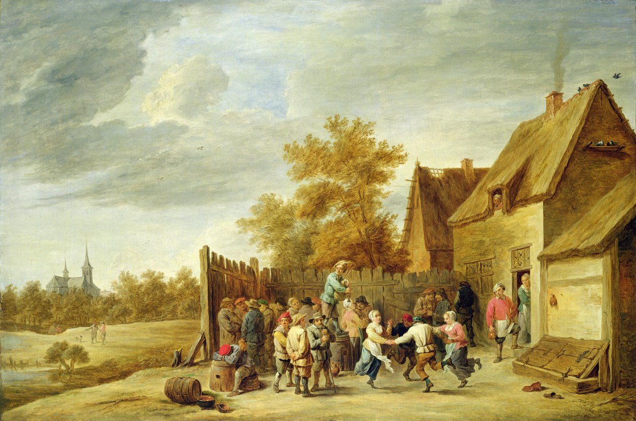 Bønder danser udenfor en kro (olie på lærred) af David Teniers the Younger