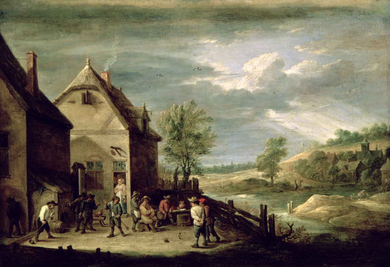 Bønder, der spiller boule (olie på lærred) af David Teniers the Younger