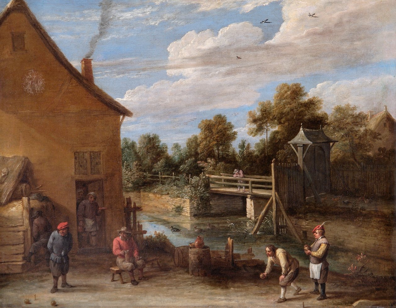 Bønder spiller skåle foran en kro ved en flod (olie på lærred) af David Teniers the Younger