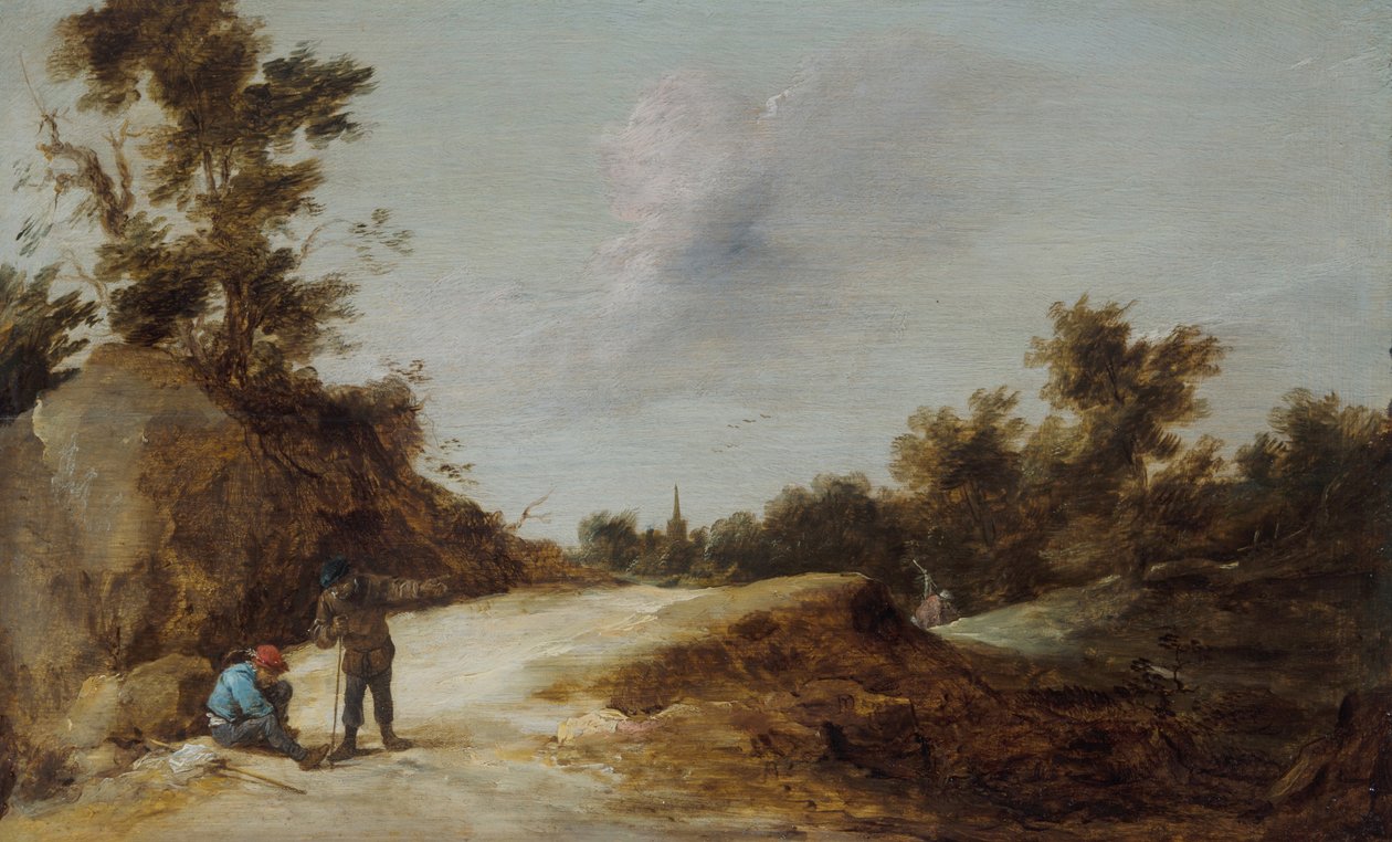 Bønder hviler på en sti i et klippefyldt, skovklædt landskab af David Teniers the Younger