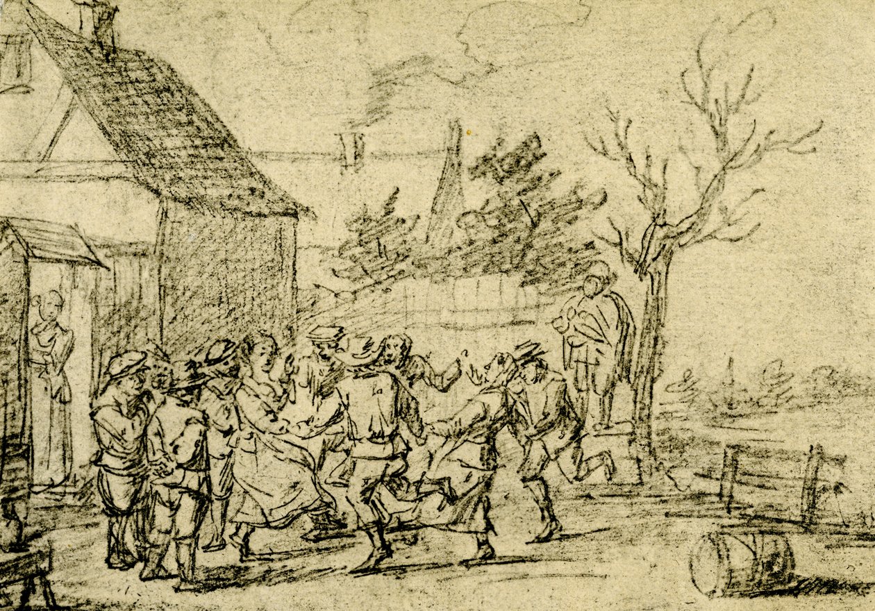 Bønder danser foran et hus af David Teniers the Younger