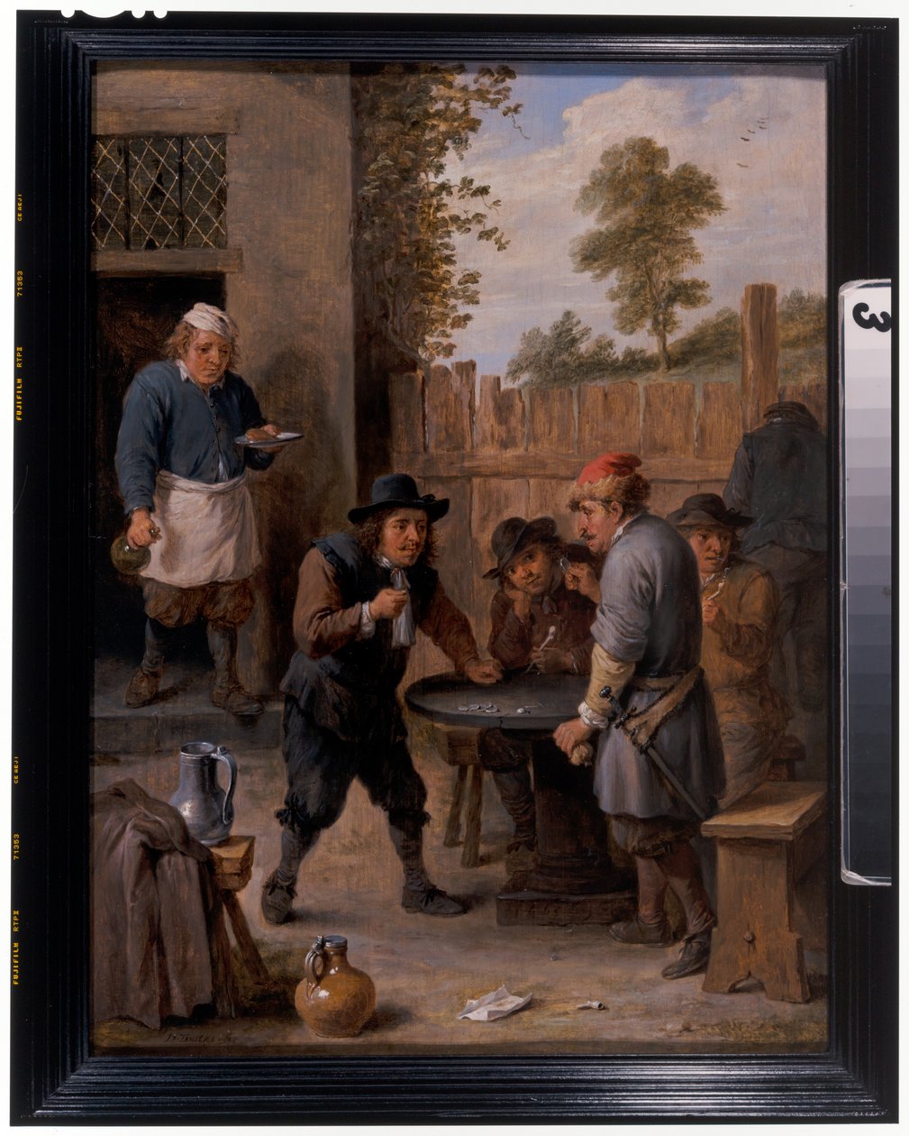 Talonpojat leikkivät noppaa majatalon ulkopuolella af David the Younger Teniers